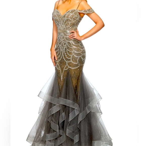 lucci lu Dresses & Skirts - Designer fully beaded charcoal gray gown!